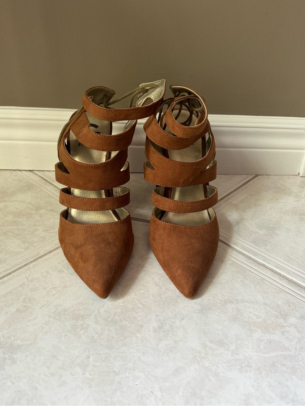 G by Guess Suede Strappy Tassel Block Heel Pumps in Cognac Brown - Picture 6 of 6